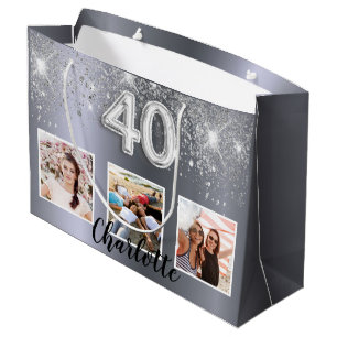 40th birthday silver glitter photo monogram large gift bag