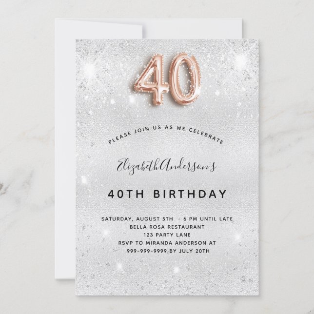 40th birthday silver gold glitter invitation (Front)