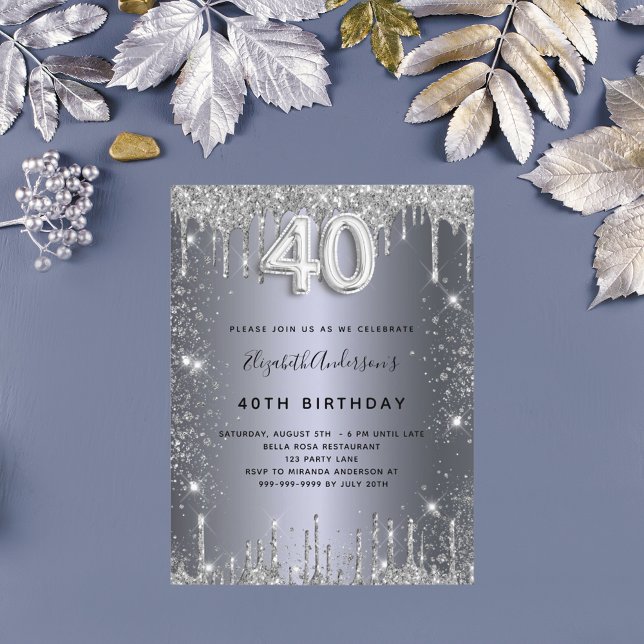 40th birthday silver metal glitter dust glam invitation postcard (Creator Uploaded)