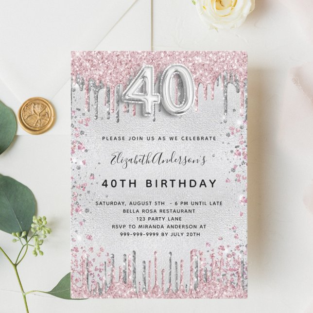 40th birthday silver pink metal glitter dust invitation (Creator Uploaded)