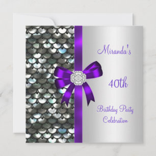 40th Birthday Silver Sequins Purple Diamond Bow Invitation