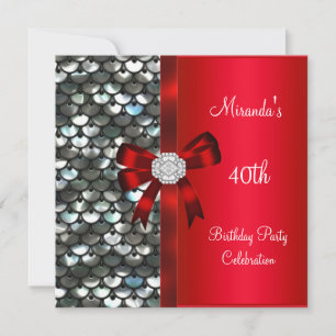 40th Birthday Silver Sequins Red Diamond Bow Invitation