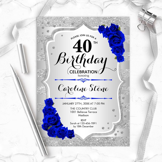 40th Birthday - Silver Stripes Royal Blue Roses Invitation (Creator Uploaded)