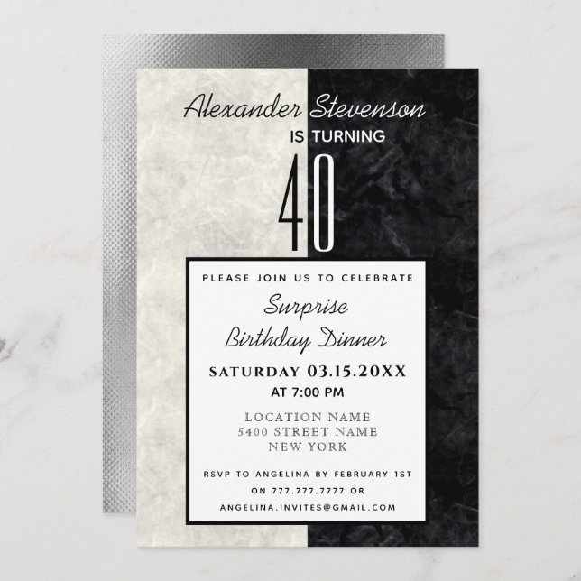 40th Birthday Simple Black and White Marble Invitation (Front/Back)