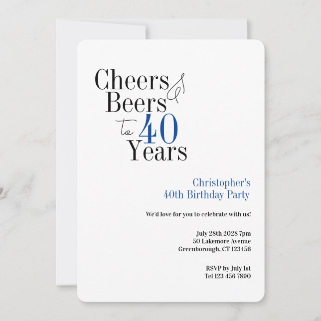 40th Birthday Simple Cheers Beers Party Invitation (Front)