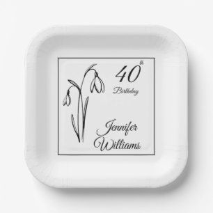 40th Birthday Snowdrop Floral Black And White Paper Plate