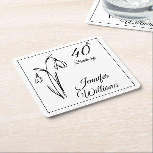 40th Birthday Snowdrop Floral Black And White Square Paper Coaster