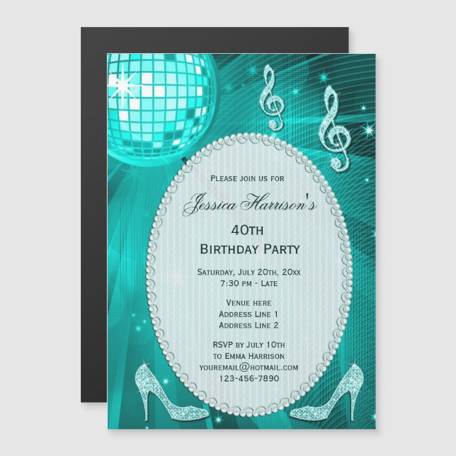 40th Birthday Sparkle Heels and Teal Disco Ball Magnetic Invitation (Front/Back)