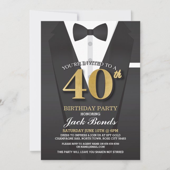 40th Birthday Spy Suit Black tie Gold Invitation (Front)