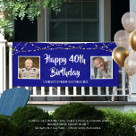 40th Birthday String Lights Name Royal Blue Banner<br><div class="desc">Celebrate a 40th (or any age) birthday with this editable royal blue banner sign featuring two photos (perhaps Then and Now pictures) of him or her, the suggested title HAPPY 40TH BIRTHDAY in your choice of font styles and colours (shown in a brush stroke font in white), personalised with their...</div>