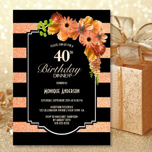 40th Birthday Striped Coral Floral Dinner Party Invitation