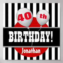 40th Birthday Stripes and Balloon BLACK RED A05