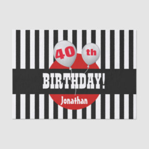 40th Birthday Stripes and Balloons BLACK RED A08 Tissue Paper