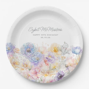 40th Birthday Summer Watercolor Floral Custom Paper Plate