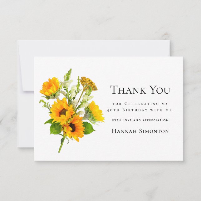 40th Birthday Sunflower Bouquet Personalised Thank You Card (Front)