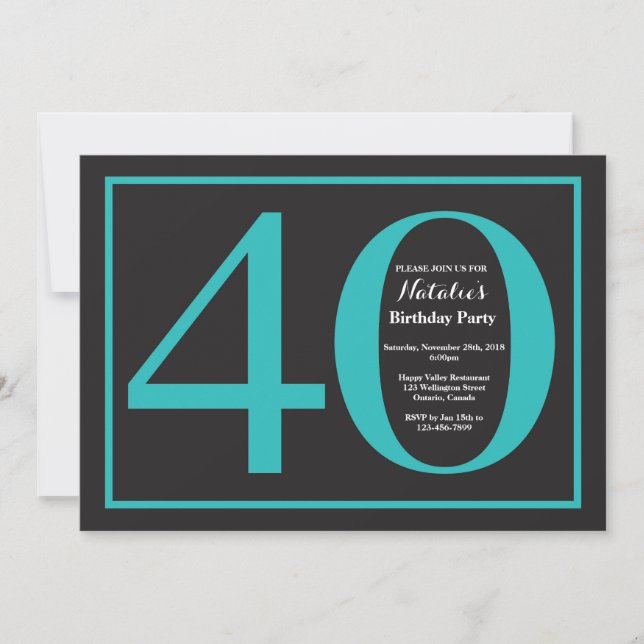 40th Birthday Teal and Black Chalkboard Invitation (Front)
