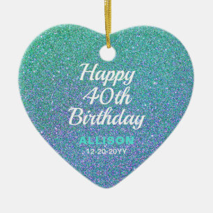 40th Birthday Teal Blue Glitter Personalised Ceramic Tree Decoration