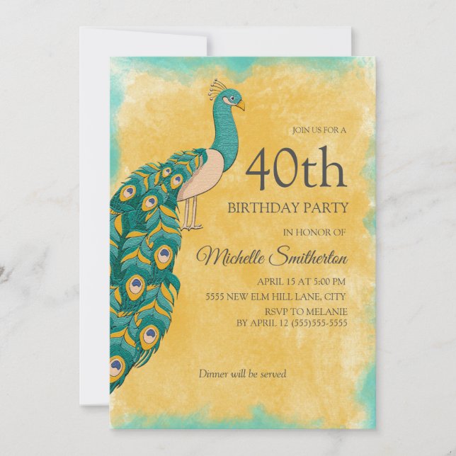 40th Birthday Teal Yellow Watercolor Peacock Invitation (Front)