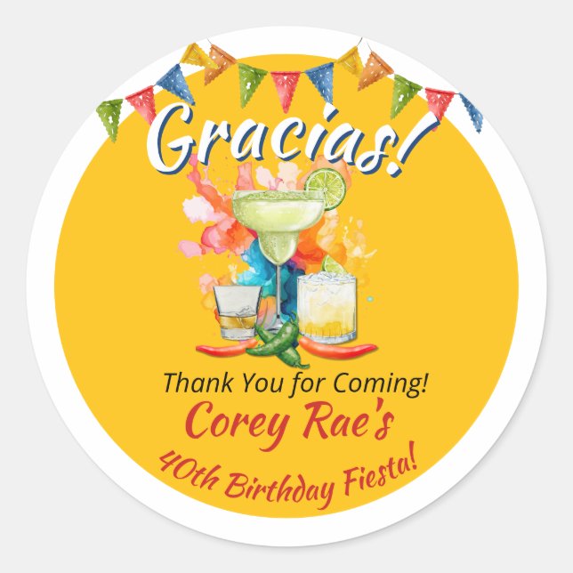40th Birthday Thank You Fiesta "Gracias" Custom Classic Round Sticker (Front)
