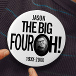 40th Birthday the big four oh name photo mono 7.5 Cm Round Badge<br><div class="desc">Fun mono black and white 40th Birthday party photo and name pin button badge. A great idea for adding some fun to a fortieth birthday party. Personalize with your own name and birth year to the current year, sample reads Jason the big four oh! Other matching items are available. Design...</div>