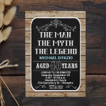 40th Birthday The Man The Myth The Legend 40 YRS Invitation<br><div class="desc">A bold 40th birthday invitation featuring white and blue text over a black background surrounded by wood. Please note the words,  "The Man,  The Myth,  The Legend" and all ornamental lines are NOT editable.</div>