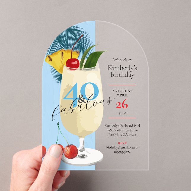 40th Birthday Tropical Blue Pina Colada Cocktail Acrylic Invitations (Insitu (Handheld))
