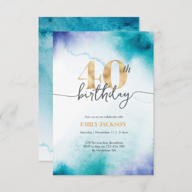 40th birthday Turquoise watercolor gold invitation (Front/Back)