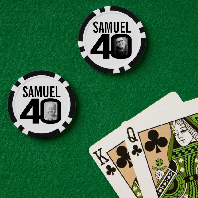 40th birthday two custom photos black and white poker chips (Poker Table (Double))