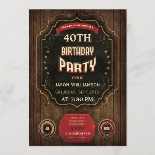 40th Birthday Vintage Chalkboard & Wood Invitation