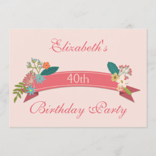 40th Birthday Vintage Flowers Pink Banner Invitation