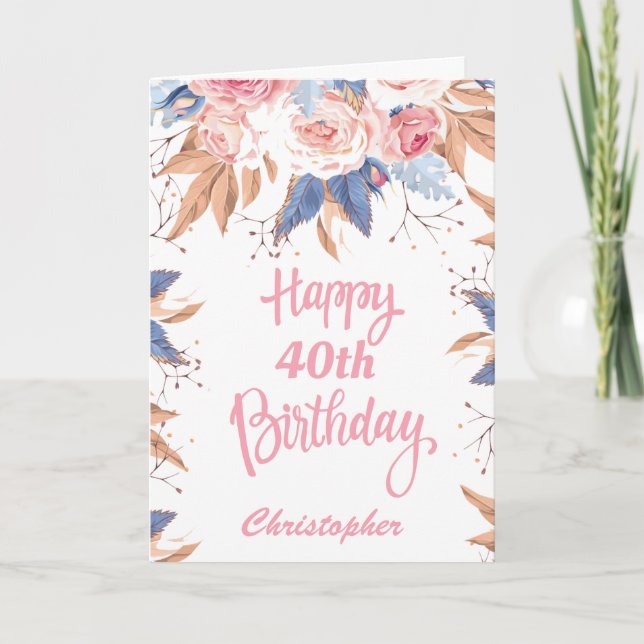 40th Birthday Watercolor Botanical Pink Floral Card (Front)