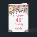 40th Birthday Watercolor Floral Flowers Pink Card<br><div class="desc">40th Birthday Watercolor Floral Flowers Pink Card with personalised name and age. For further customisation,  please click the "Customise it" button and use our design tool to modify this template.</div>