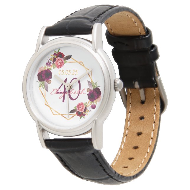 40th birthday white floral gold geometric name watch (Angled)