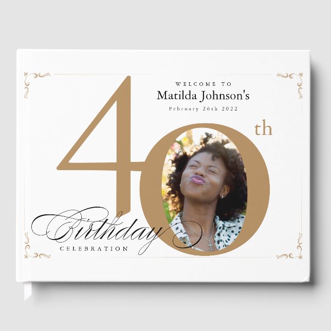 40th Birthday White Gold Calligraphy Custom Photo Guest Book (Front)
