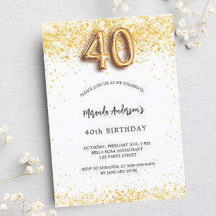 40th birthday white gold confetti elegant invitation postcard