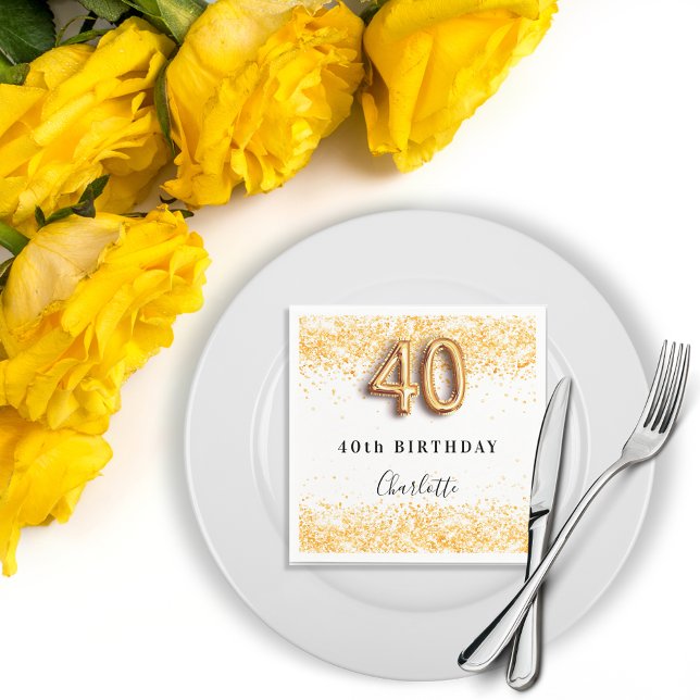40th birthday white gold confetti name napkin (Creator Uploaded)
