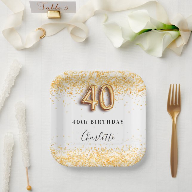 40th birthday white gold glitter name paper plate (Wedding)
