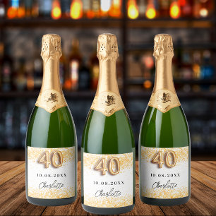 40th birthday white gold glitter name sparkling wine label