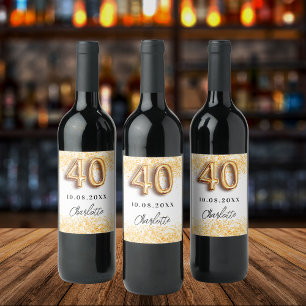 40th birthday white gold glitter name wine label