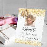40th birthday white gold photo confetti welcome pedestal sign<br><div class="desc">A welcome sign for a feminine and glamourous 40th birthday party.  A white background decorated with colden confetti.   Personalise and add a photo and name.  Number 40 is written with a balloon style font.</div>