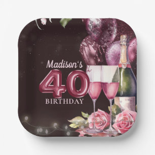 40th Birthday Wine & Balloons Personalized Paper Plate