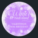 40th Birthday Winter Wonderland Snowflake Favour Classic Round Sticker<br><div class="desc">Elegant winter wonderland 40th birthday invitation features beautiful calligraphy surrounded by a lush snowflake and snow border. The snowflakes pop against the pretty soft purple background. You can actually change the background colour to any colour. Winter Wonderland can't be changed, but all of the remaining text can be edited. This...</div>