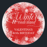 40th Birthday Winter Wonderland Snowflake Favour Classic Round Sticker<br><div class="desc">Elegant winter wonderland 40th birthday invitation features beautiful calligraphy surrounded by a lush snowflake and snow border. The snowflakes pop against the deep red background. You can actually change the background colour to any colour. Winter Wonderland can't be changed, but all of the remaining text can be edited. This item...</div>
