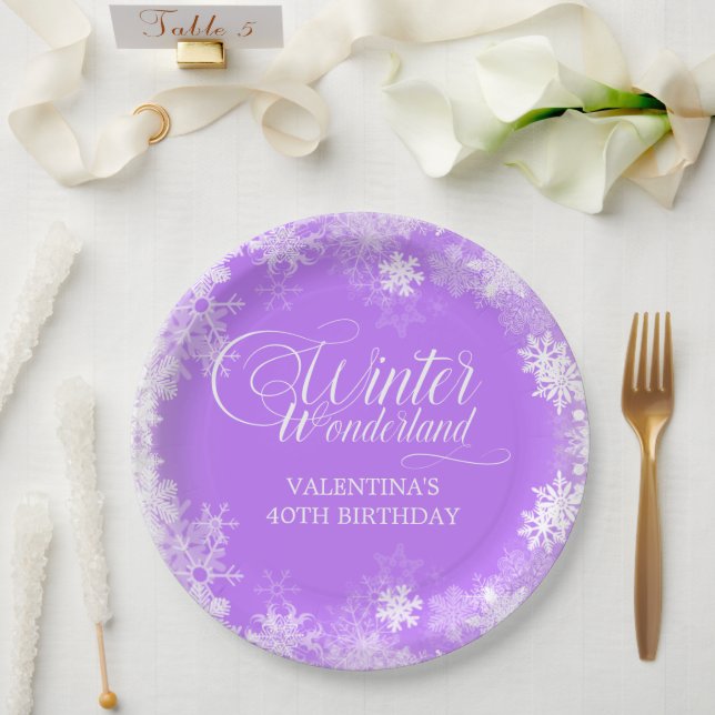 40th Birthday Winter Wonderland Snowflake Purple Paper Plate (Wedding)