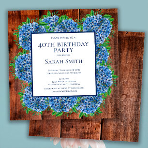 40th Birthday Wood Blue Hydrangeas Rustic Party Invitation