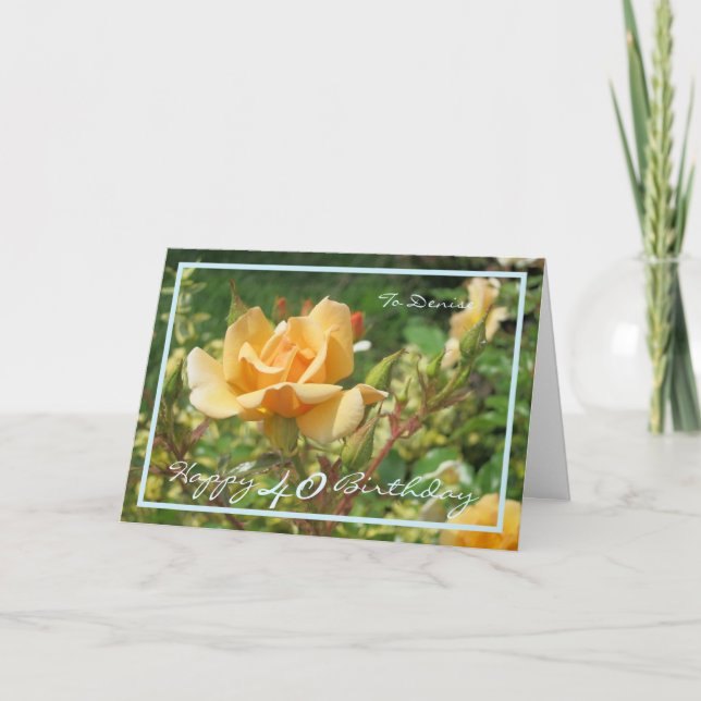 40th Birthday Yellow Rose Denise Modern Blue Frame Card (Front)