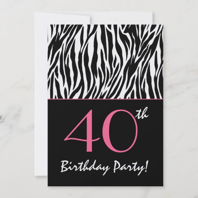 40th Birthday Zebra Stripes Black White with Pink Invitation (Front)