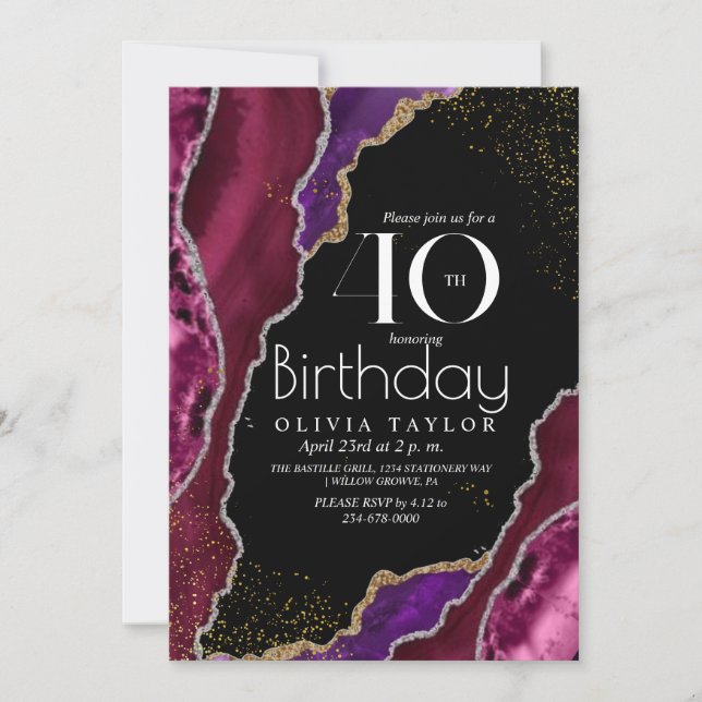 40th Black burgundy Modern Marble Spark Birthday Invitation (Front)