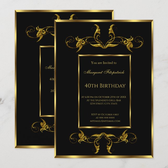 40th black Gold birthday party  invitation (Front/Back)