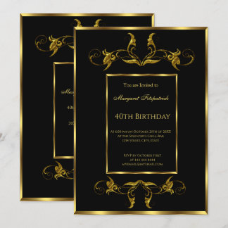 40th black Gold birthday party  invitation